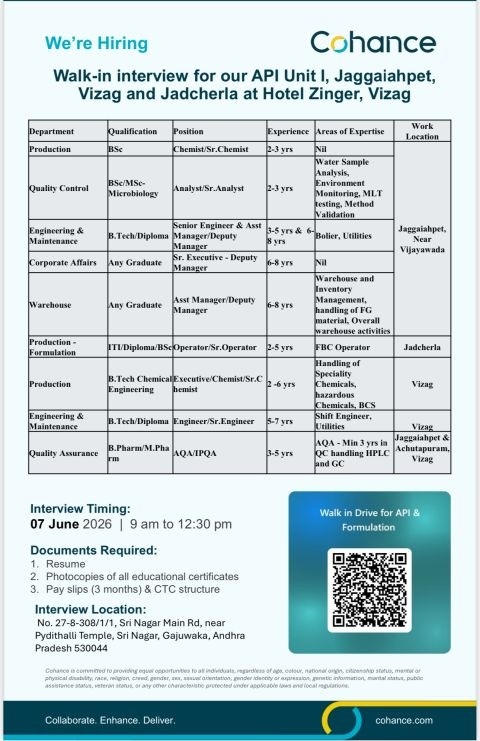 Cohance Lifesciences is hiring for multiple pharma jobs through a walk-in interview on 7th June 2026 in Vizag. 