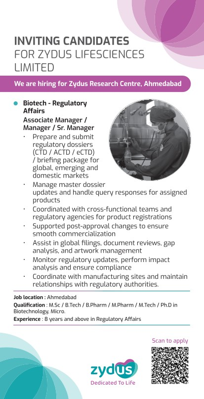 Zydus Lifesciences is hiring experienced professionals for Associate Manager / Manager / Sr. Manager roles in Biotech Regulatory Affairs at its Research Centre in Ahmedabad. 