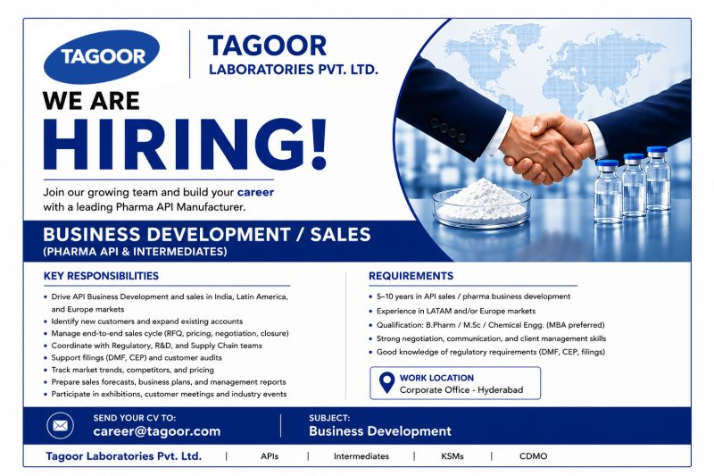 Tagoor Laboratories is hiring experienced professionals for Business Development / Sales roles in Pharma API & Intermediates.