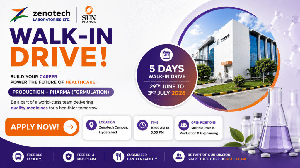 Looking for pharma jobs in India? Zenotech Laboratories Ltd. has announced a major walk-in interview for Production, QA, QC, Engineering, Purchase, and Warehouse roles.