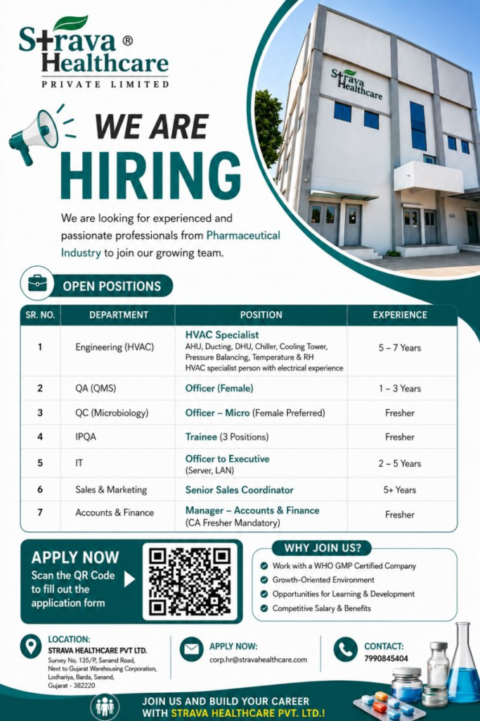 Strava Healthcare Pvt Ltd is actively hiring for multiple pharma jobs in Sanand, Gujarat. This is a great opportunity for freshers and experienced professionals seeking QA jobs, QC jobs, pharmaceutical careers