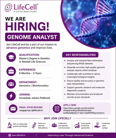 LifeCell is hiring a Genome Analyst for its Genomics team. This role offers exciting pharma jobs and pharmaceutical careers in India in the fast-growing field of genomics and molecular diagnostics.