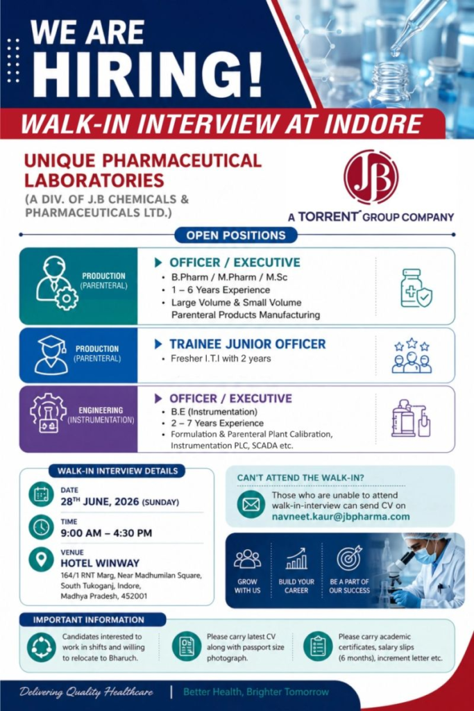 Unique Pharmaceutical Laboratories (A Division of J.B. Chemicals & Pharmaceuticals Ltd., Torrent Group) is conducting a walk-in interview in Indore for production jobs and engineering roles in Parenteral manufacturing.