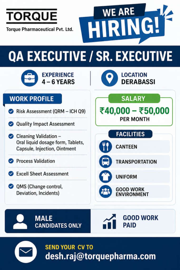 Torque Pharmaceutical Pvt. Ltd. is hiring QA Executive / Sr. Executive for its Derabassi facility. This is a prime pharma jobs opportunity in QA jobs for experienced professionals seeking pharmaceutical careers in India. 