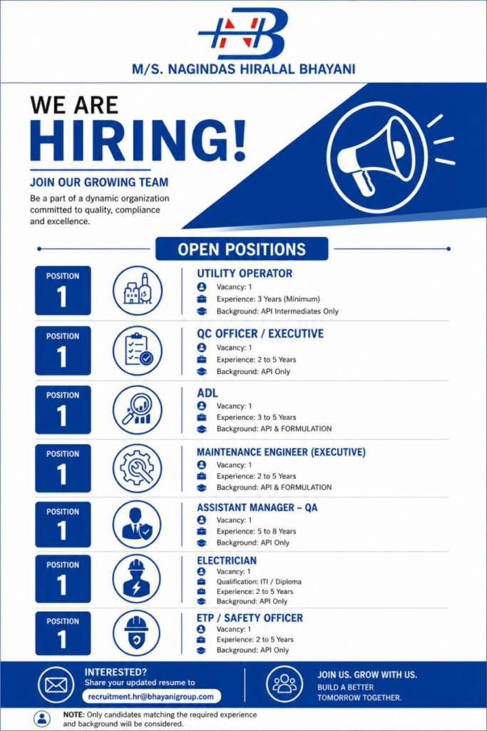 M/S. Nagindas Hiralal Bhayani is hiring for multiple pharma jobs including QA, QC, Maintenance, and Utility roles.