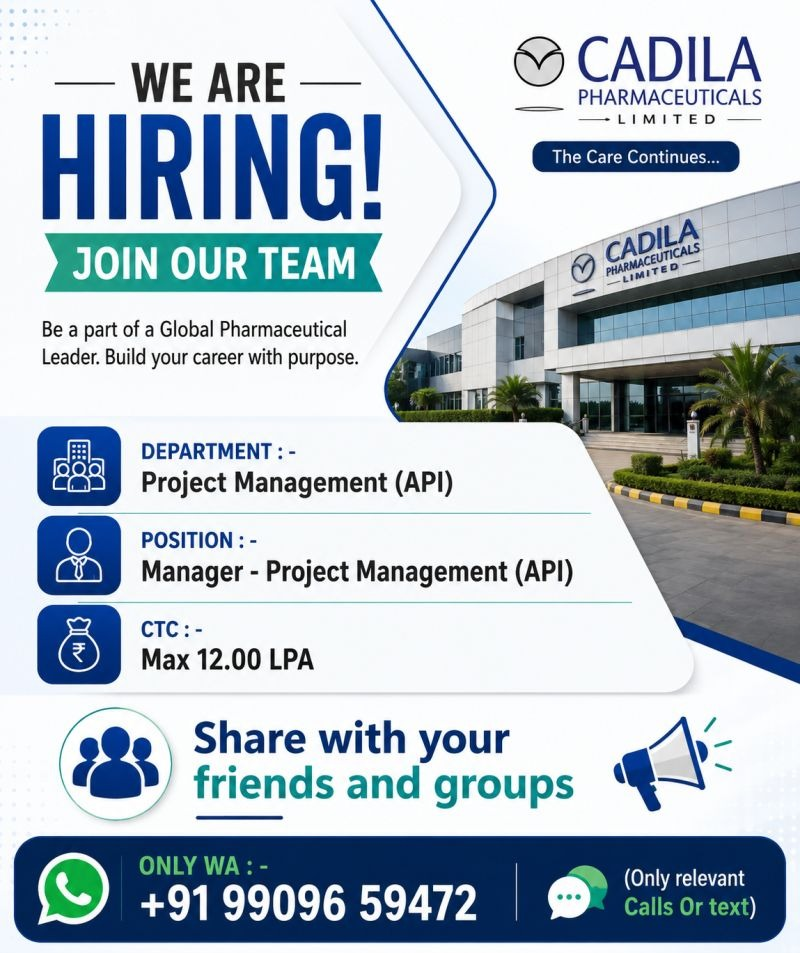 Cadila Pharmaceuticals Limited is hiring a Manager - Project Management (API). This high-impact pharma jobs role offers up to ₹12 LPA and is perfect for experienced professionals seeking pharmaceutical careers in India in API project leadership.
