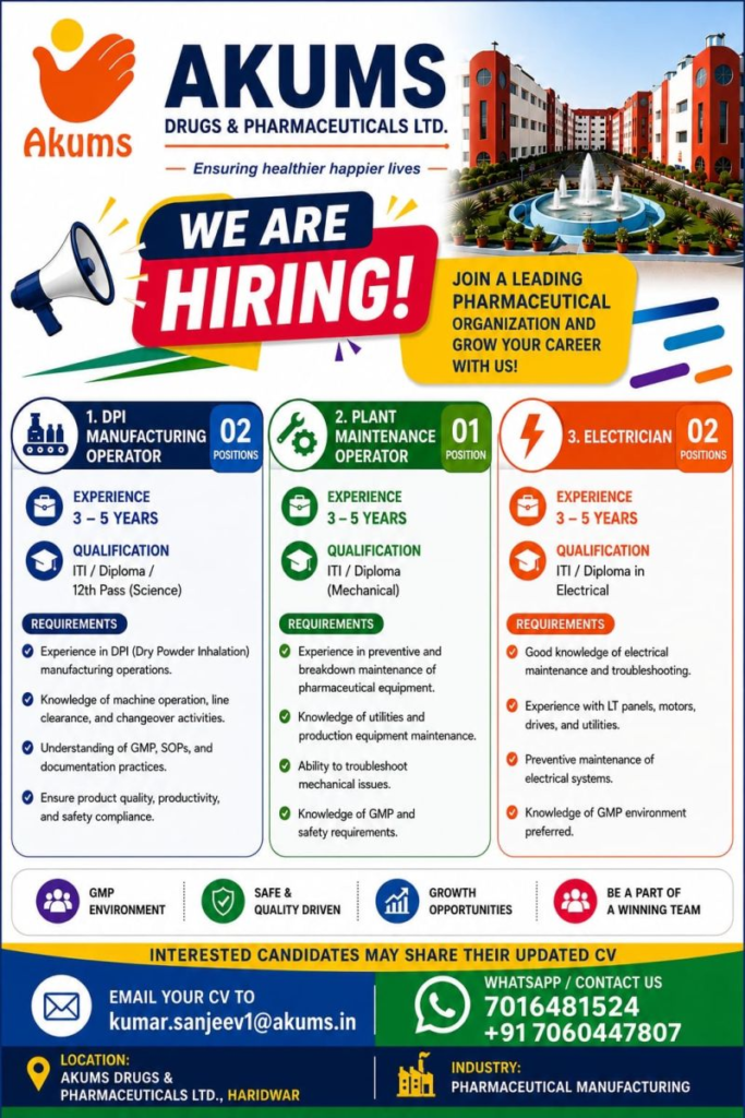 Akums Drugs & Pharmaceuticals Ltd. is hiring for DPI Manufacturing Operator, Plant Operator (Maintenance), and Electrician positions in Haridwar.
