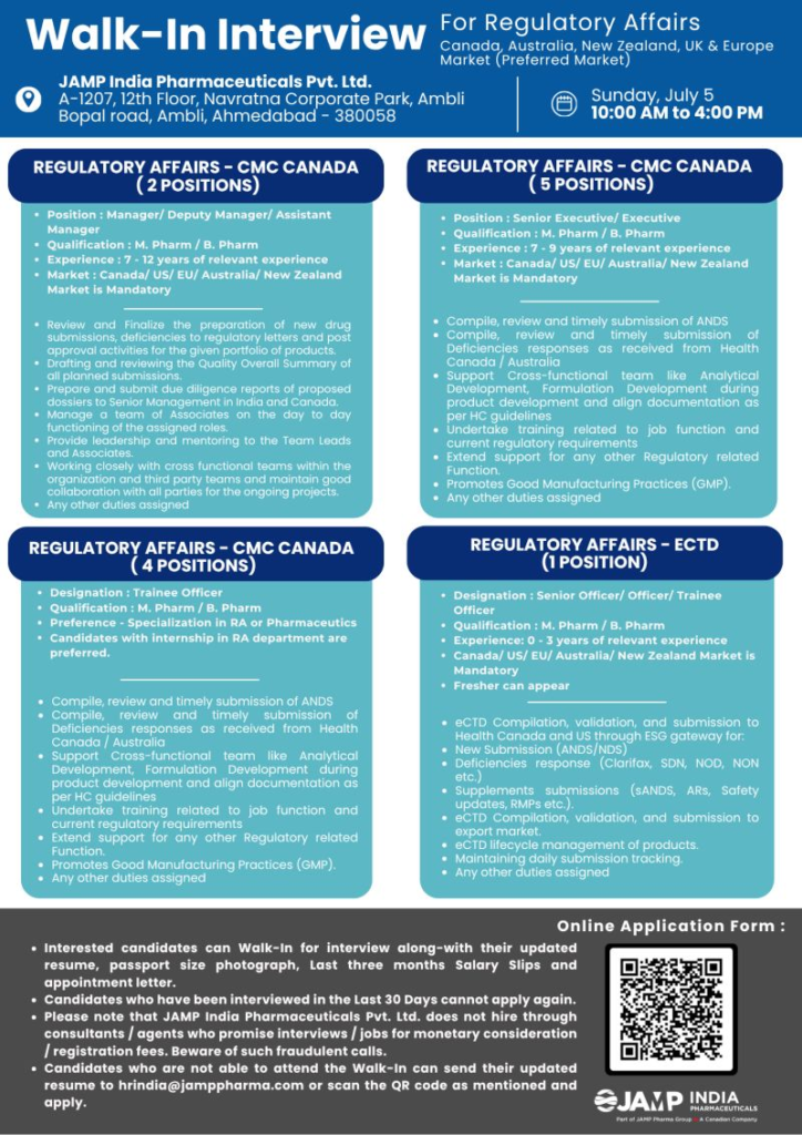 JAMP India Pharmaceuticals Pvt. Ltd. is conducting a walk-in interview on 5th July 2026 for multiple Regulatory Affairs positions in CMC Canada and eCTD.