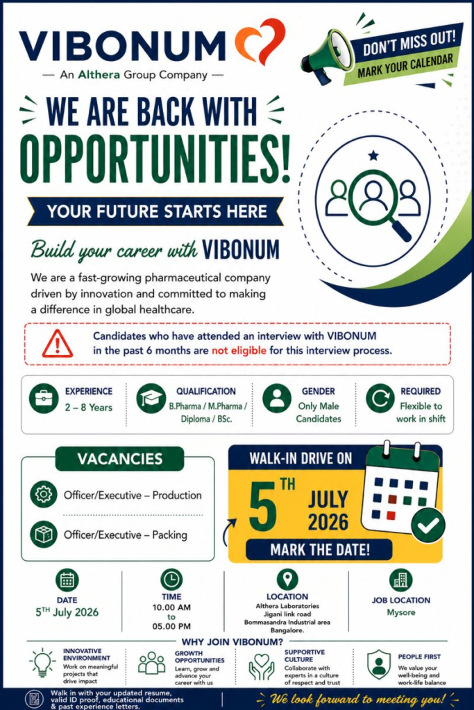 Vibonum (An Althera Group Company) is conducting a walk-in interview on 5th July 2026 for Officer/Executive positions in Production and Packing. 