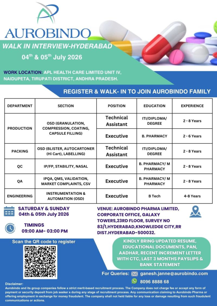 Aurobindo Pharma is organizing a walk-in interview on 4th & 5th July 2026 in Hyderabad for production jobs, QC, QA, and Engineering roles at its APL Health Care Unit IV in Naidupeta. 