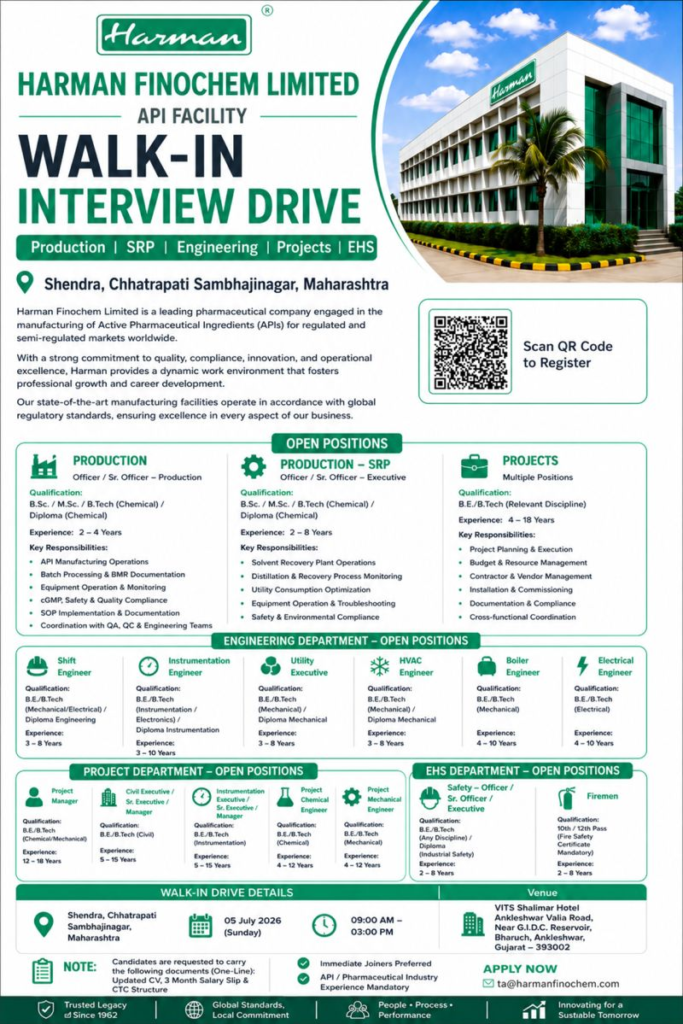 Harman Finochem Limited is conducting a walk-in interview on 5th July 2026 for multiple production jobs, Engineering, Projects, and EHS positions at its API facility in Shendra. 
