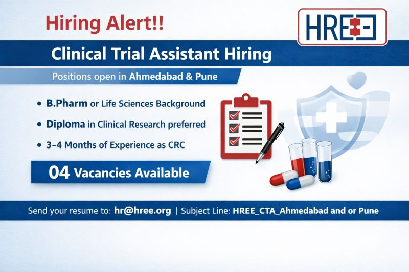 HREE Research Pvt. Ltd. is hiring Clinical Trial Assistants for positions in Ahmedabad and Pune. 