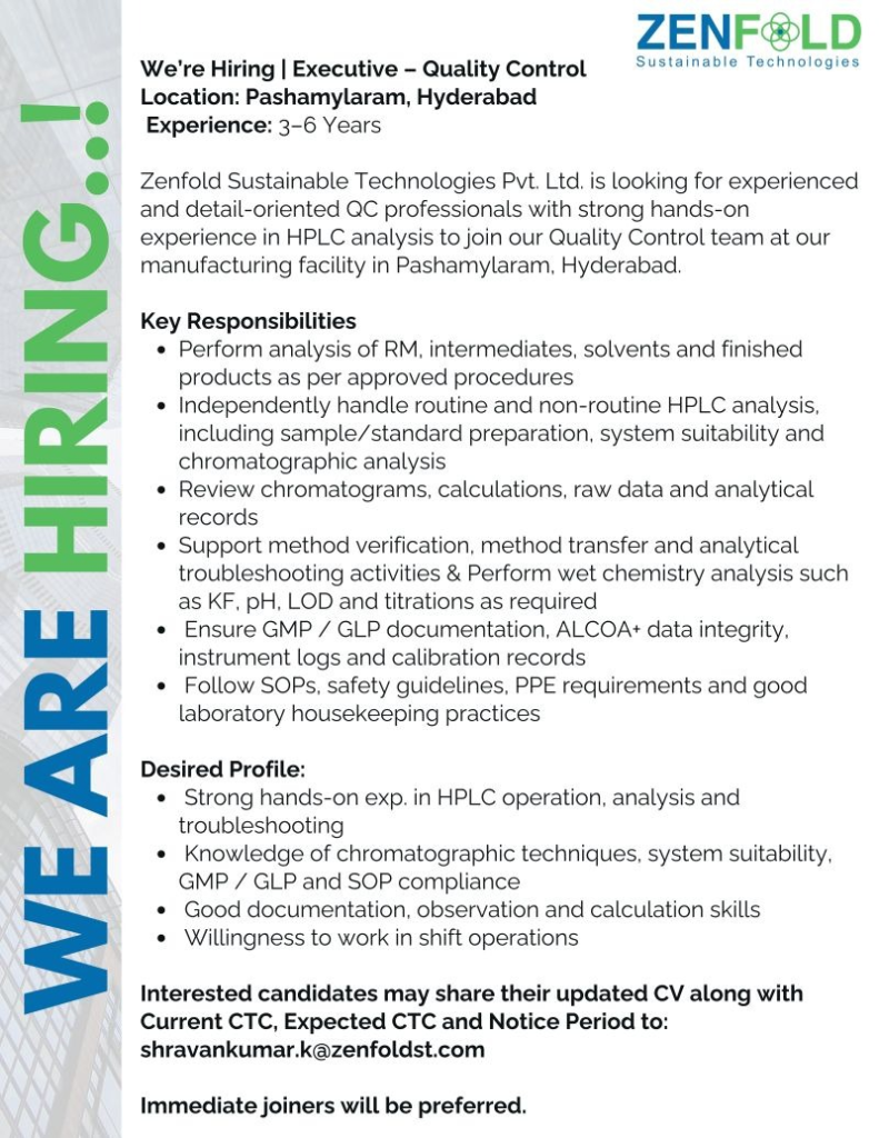 Zenfold Sustainable Technologies is hiring an Executive - Quality Control for its manufacturing facility in Hyderabad.