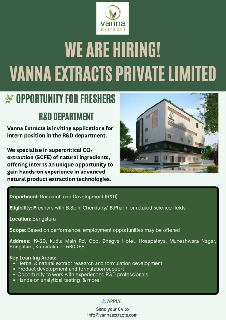 Vanna Extracts Private Limited is offering exciting internship opportunities in its Research & Development department for freshers.