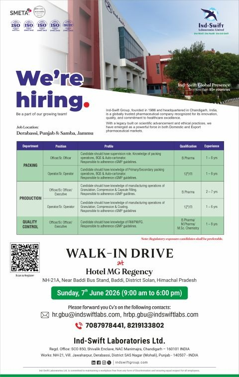 Ind-Swift Laboratories is conducting a walk-in interview on 7th June 2026 for Production, Packing, and Quality Control positions.