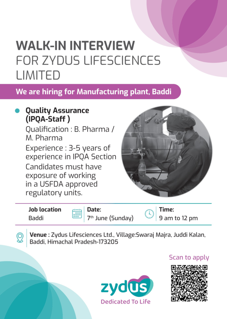 Zydus Lifesciences Walk-in Interview 2026 – Quality Assurance (IPQA) Jobs in Baddi