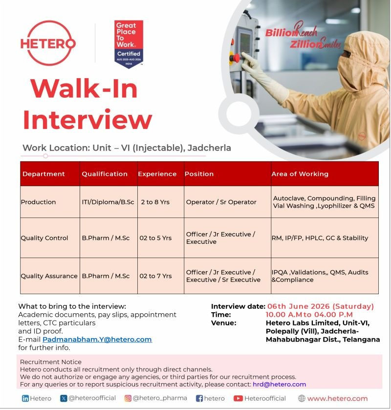 Hetero Labs Limited is conducting a walk-in interview on 6th June 2026 for Production, QC, and QA positions at its Injectable Unit-VI in Jadcherla.