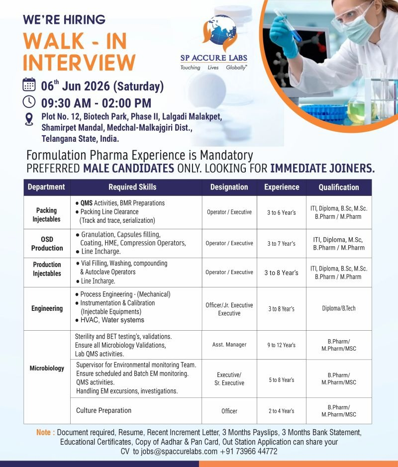 SP Accure Labs is hiring for multiple pharma jobs via walk-in interview on 6th June 2026 in Hyderabad. This is a great opportunity for experienced professionals in QA, Validation, Regulatory Affairs, and Warehouse with Formulation Injectables background.