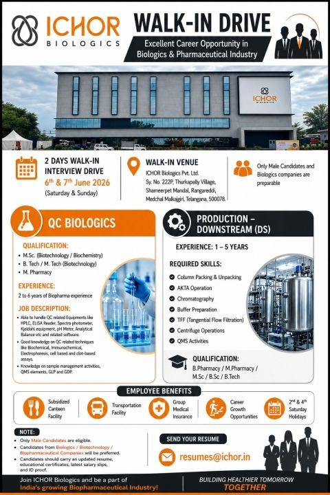 ICHOR Biologics is conducting a 2-day walk-in drive on 6th & 7th June 2026 for Production Downstream and QC Biologics roles in Hyderabad.