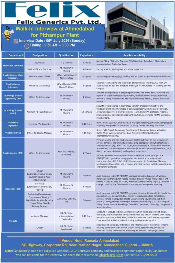 Felix Generics Pvt. Ltd. Walk-In Interview | Production, QC, Validation & Technology Transfer Jobs in Pithampur on 05 July 2026