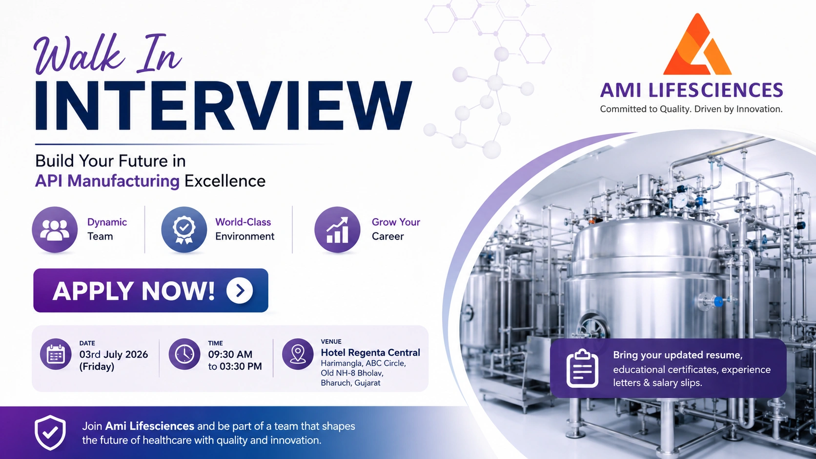 Ami Lifesciences Walk-in Interview for Production, Engineering & ADL | Pharma Jobs in Gujarat on 3 July 2026