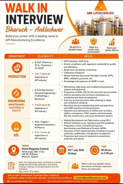 Ami Lifesciences Walk-in Interview for Production, Engineering & ADL | Pharma Jobs in Gujarat on 3 July 2026