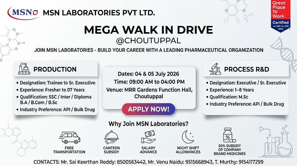 MSN Laboratories Mega Walk-in Drive | Production & Process R&D Jobs in Choutuppal on 04 & 05 July 2026