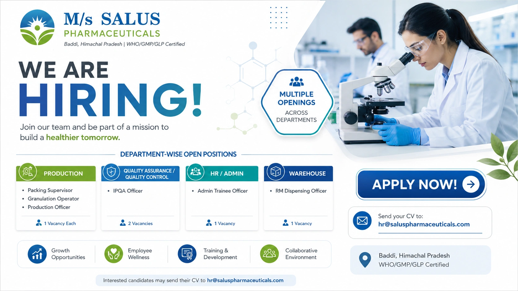 Salus Pharmaceuticals Recruitment 2026 | Production, QA, Warehouse & Admin Jobs in Baddi, Himachal Pradesh