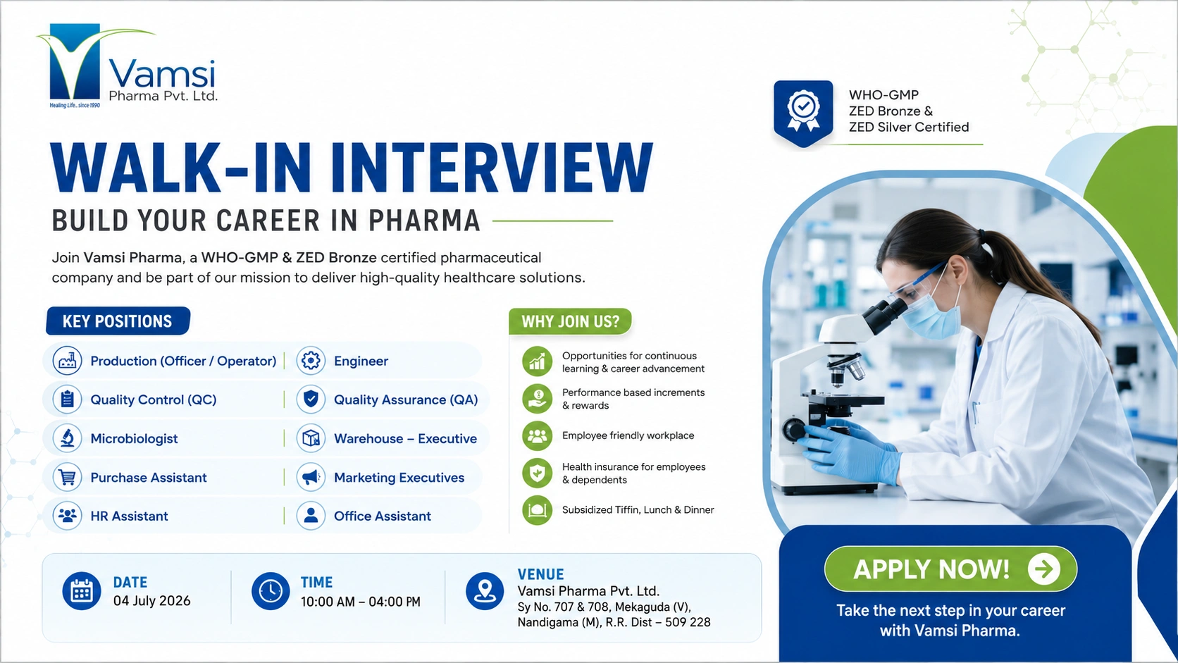 Vamsi Pharma Pvt. Ltd. Walk-in Interview | Production, QA, QC, Warehouse & Multiple Pharma Jobs on 04 July 2026