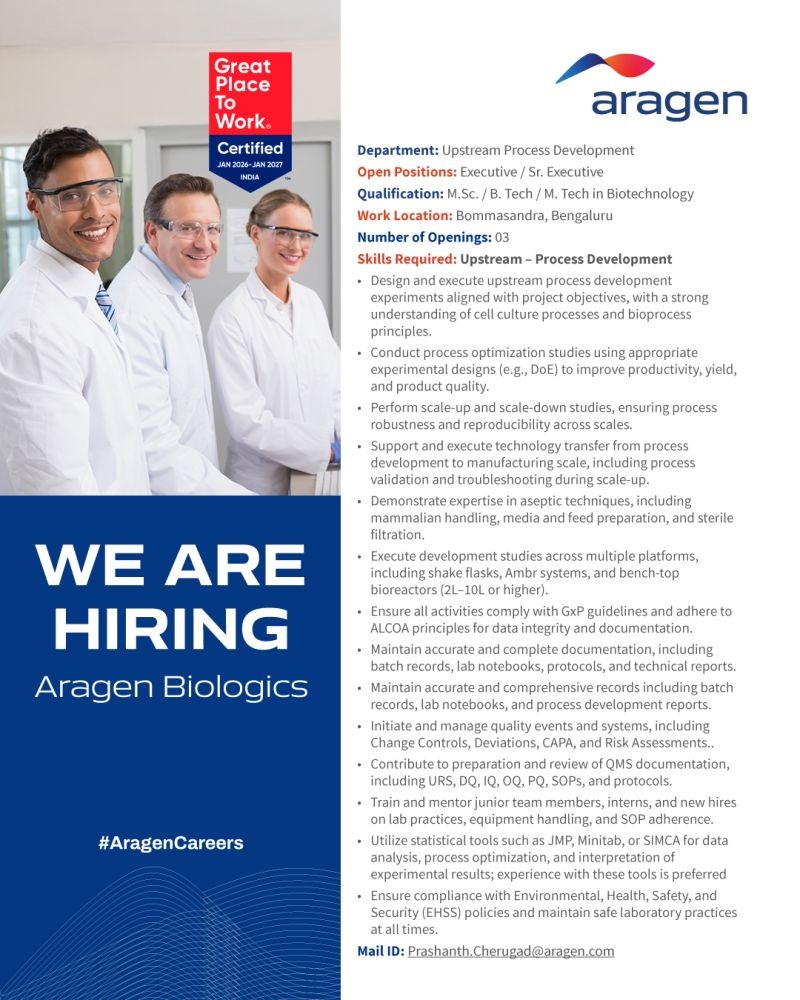 Aragen Biologics is hiring Executive / Sr. Executive for Upstream Process Development in Bommasandra, Bengaluru. 