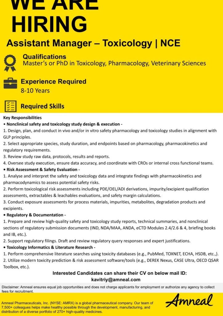 Amneal Pharmaceuticals is hiring an Assistant Manager - Toxicology (NCE).