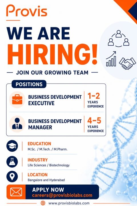 Provis Biolabs is hiring Business Development Executive (1-2 years) and Business Development Manager (4-5 years) for Bangalore and Hyderabad.