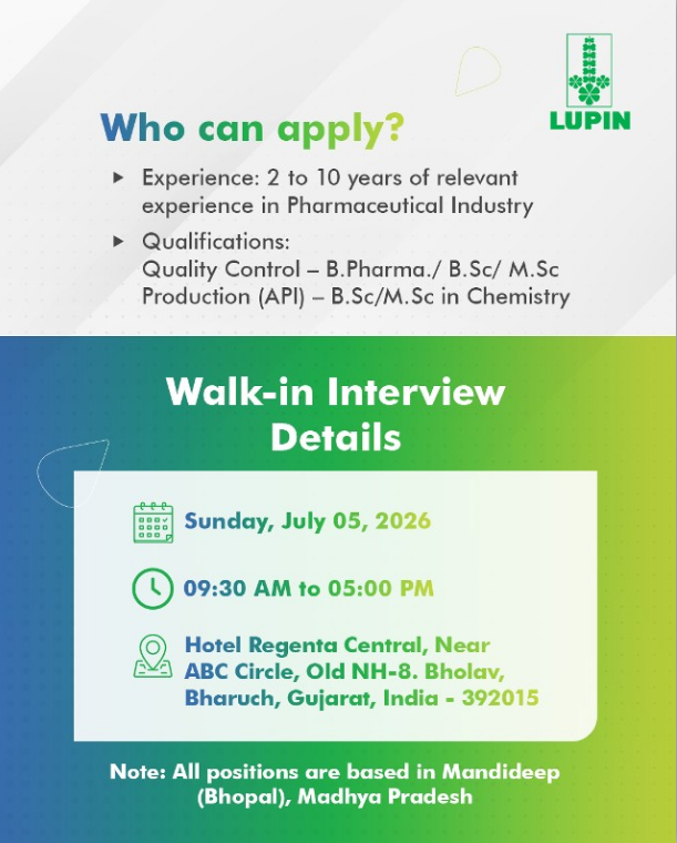 Lupin is organizing a walk-in interview on 5th July 2026 for QC and Production positions in its API facility at Mandideep, Bhopal. Experienced candidates can explore strong pharma jobs and pharmaceutical careers
