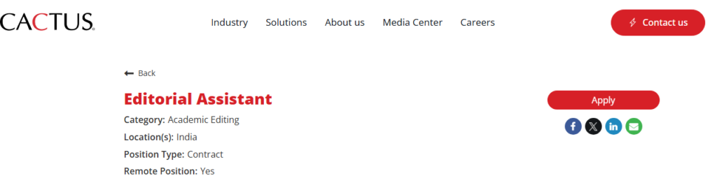 CACTUS is hiring an Editorial Assistant for Academic Editing in India. This pharma jobs role in scientific publishing is perfect for detail-oriented professionals seeking pharmaceutical careers