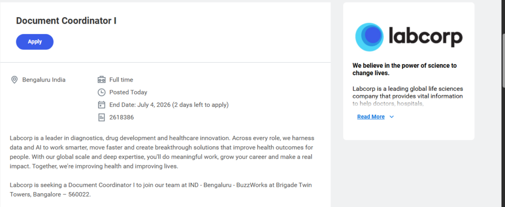 Labcorp is hiring a Document Coordinator I in Bengaluru. This pharma jobs position in quality documentation is ideal for detail-oriented professionals seeking pharmaceutical careers